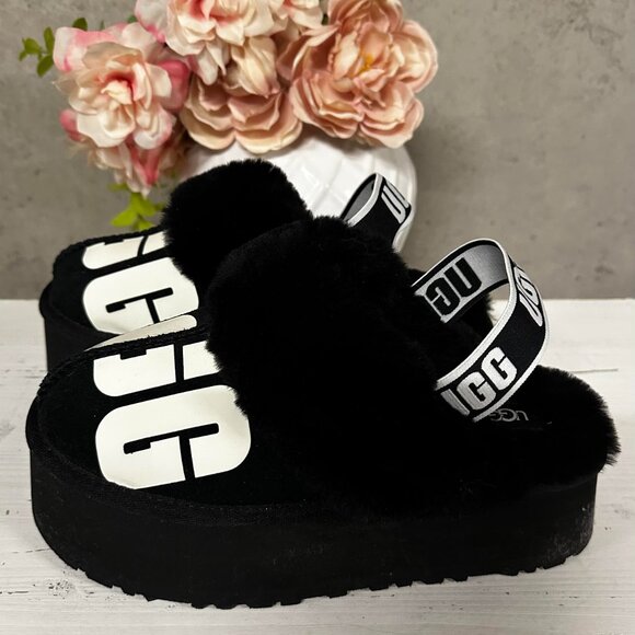 UGG FUNKETTE BLACK CHOPD PLATFORM SLIPPER SHOES SIZE 8 - Picture 2 of 10